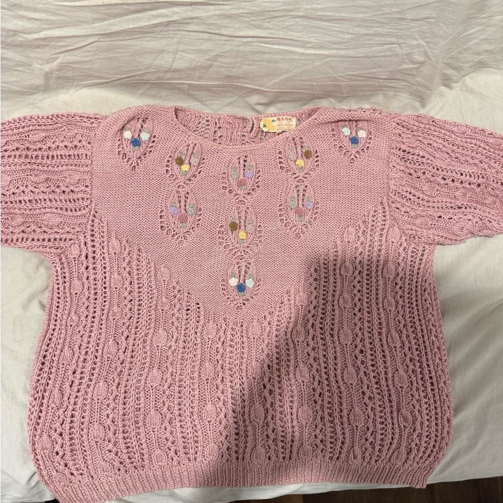 Pink Hand-Knit Eyelet Pullover with Floral Embroidery